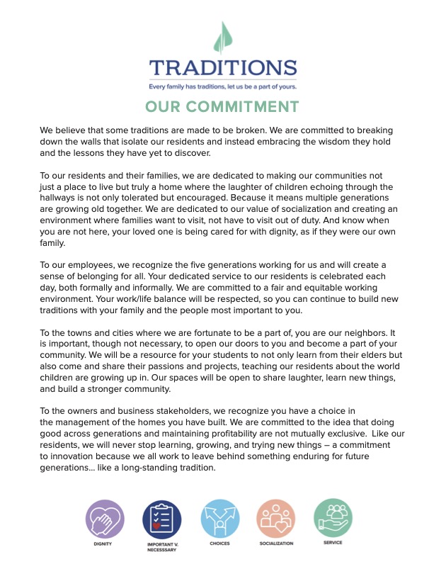 Traditions Commitment Statement. At the top, includes their logo and slogan. Following the text 